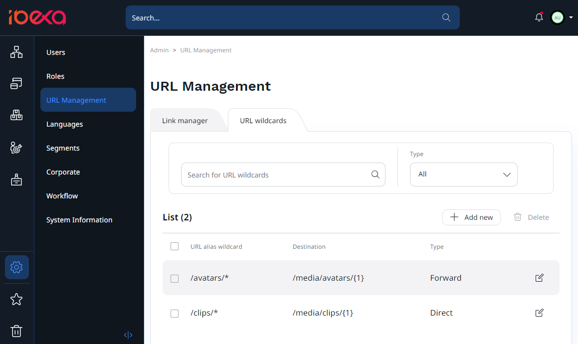 URL wildcards tab