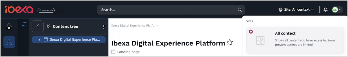 Top bar with site context selector