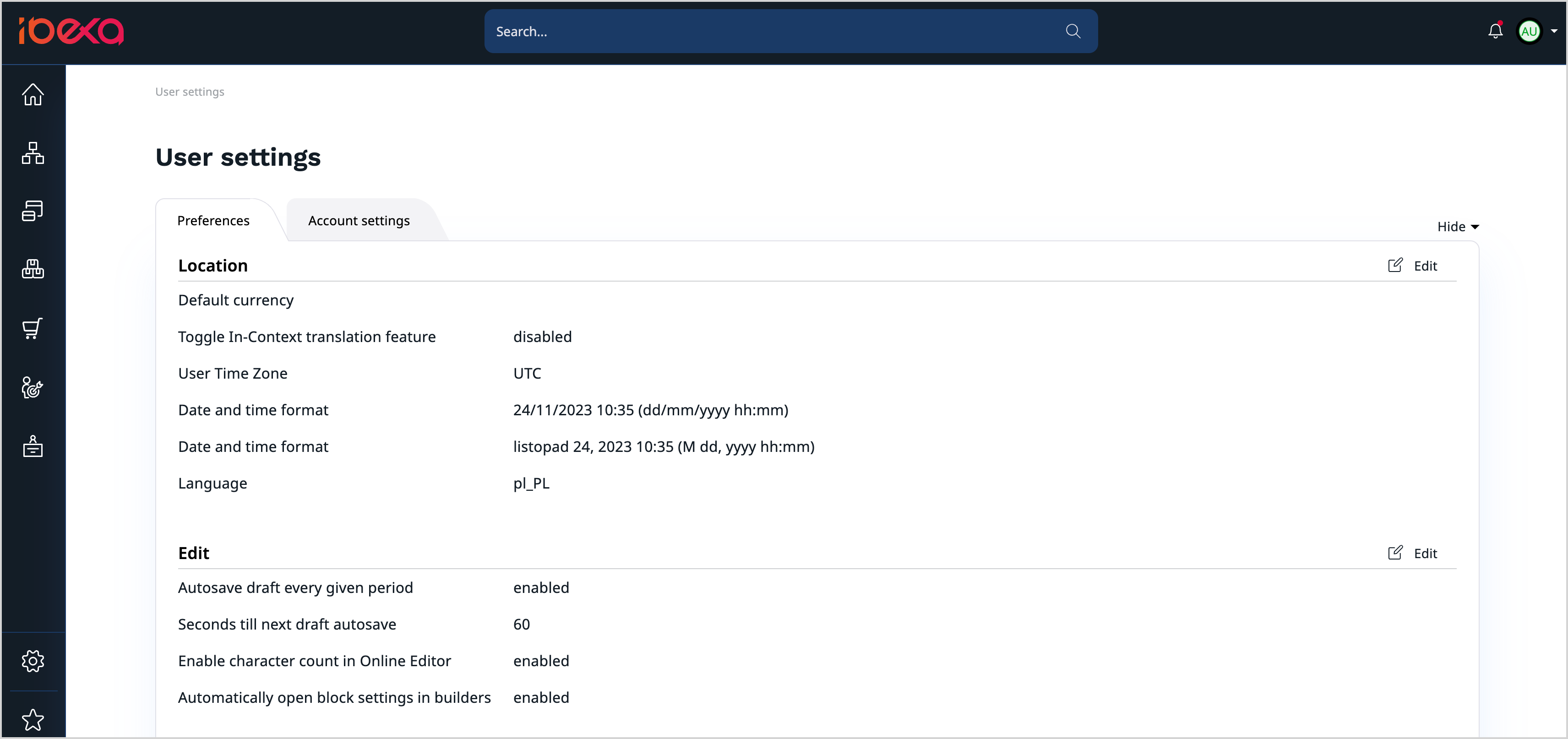 User settings