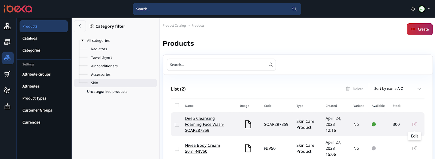 Products list with action buttons