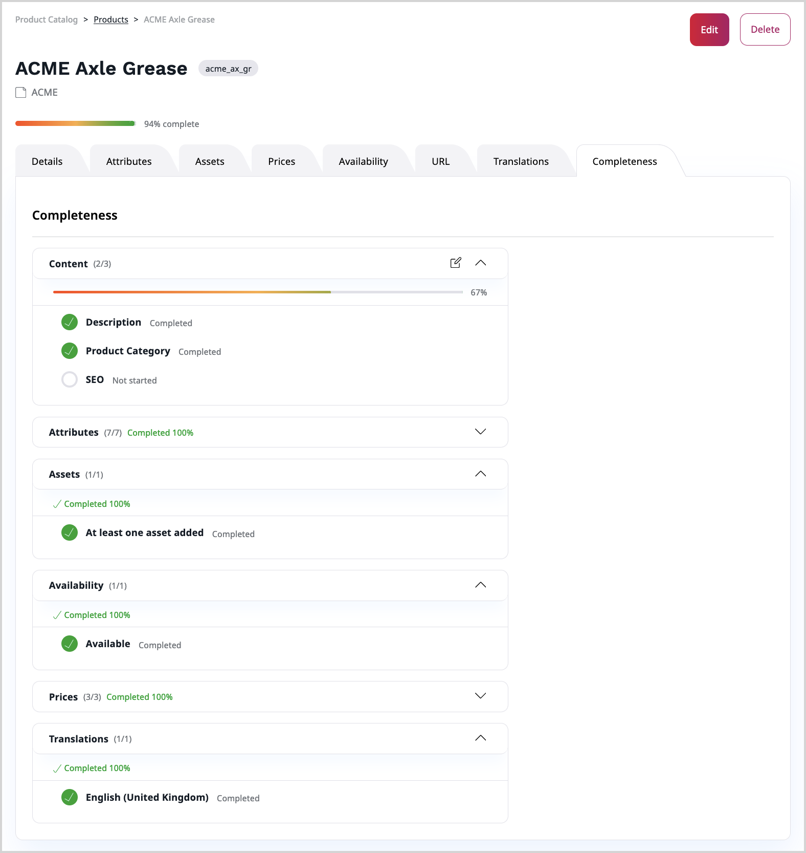 Product completeness screen